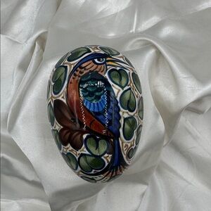 Colorful Ceramic Bird Figurine Egg Shaped Trinket Box.